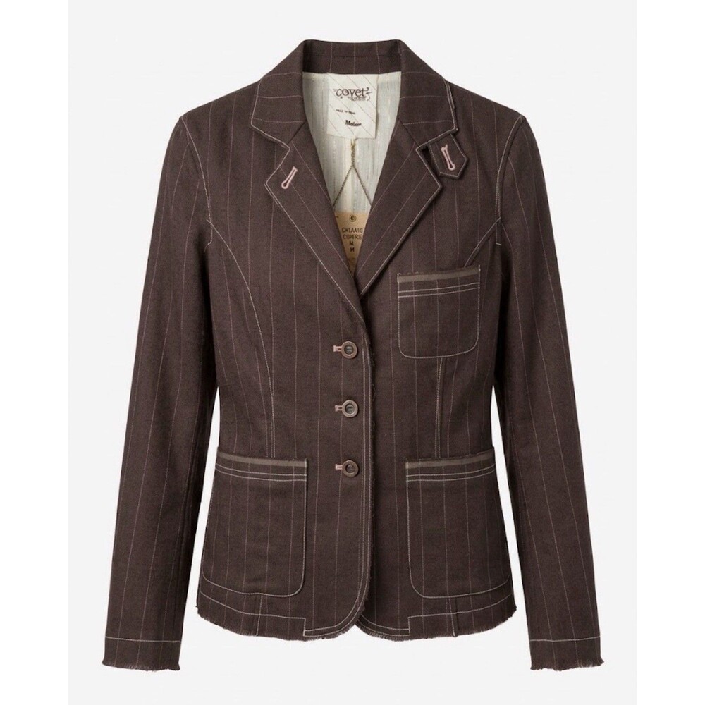 COVET Womens Brown Wool Blend Pinstripe Blazer Jacket Medium Raw Hem Stretch Y2K